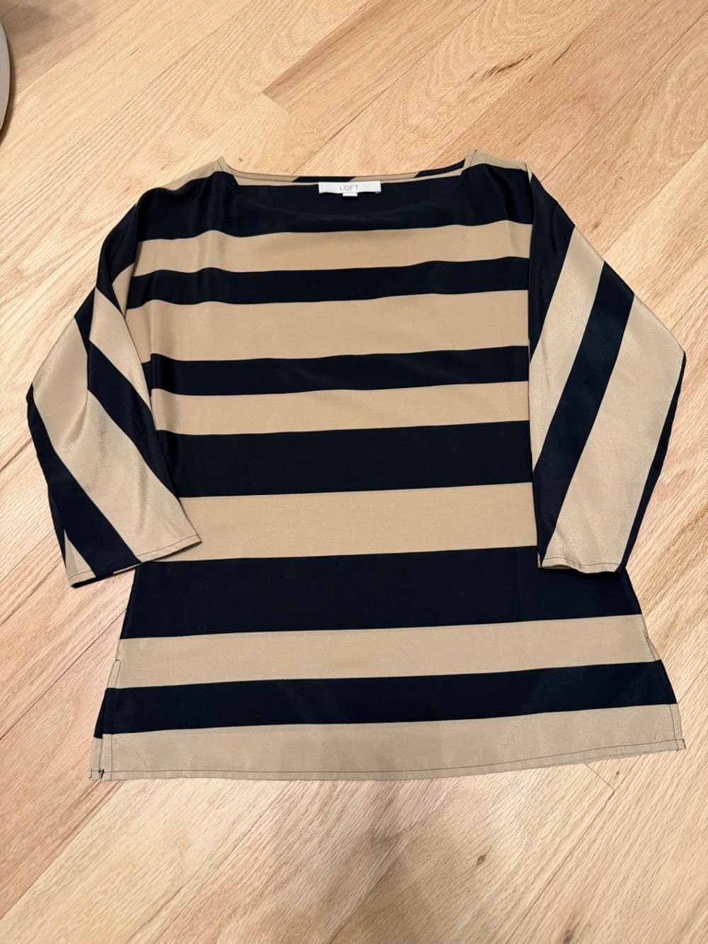 LOFT Navy and Tan Striped Boatneck Blouse